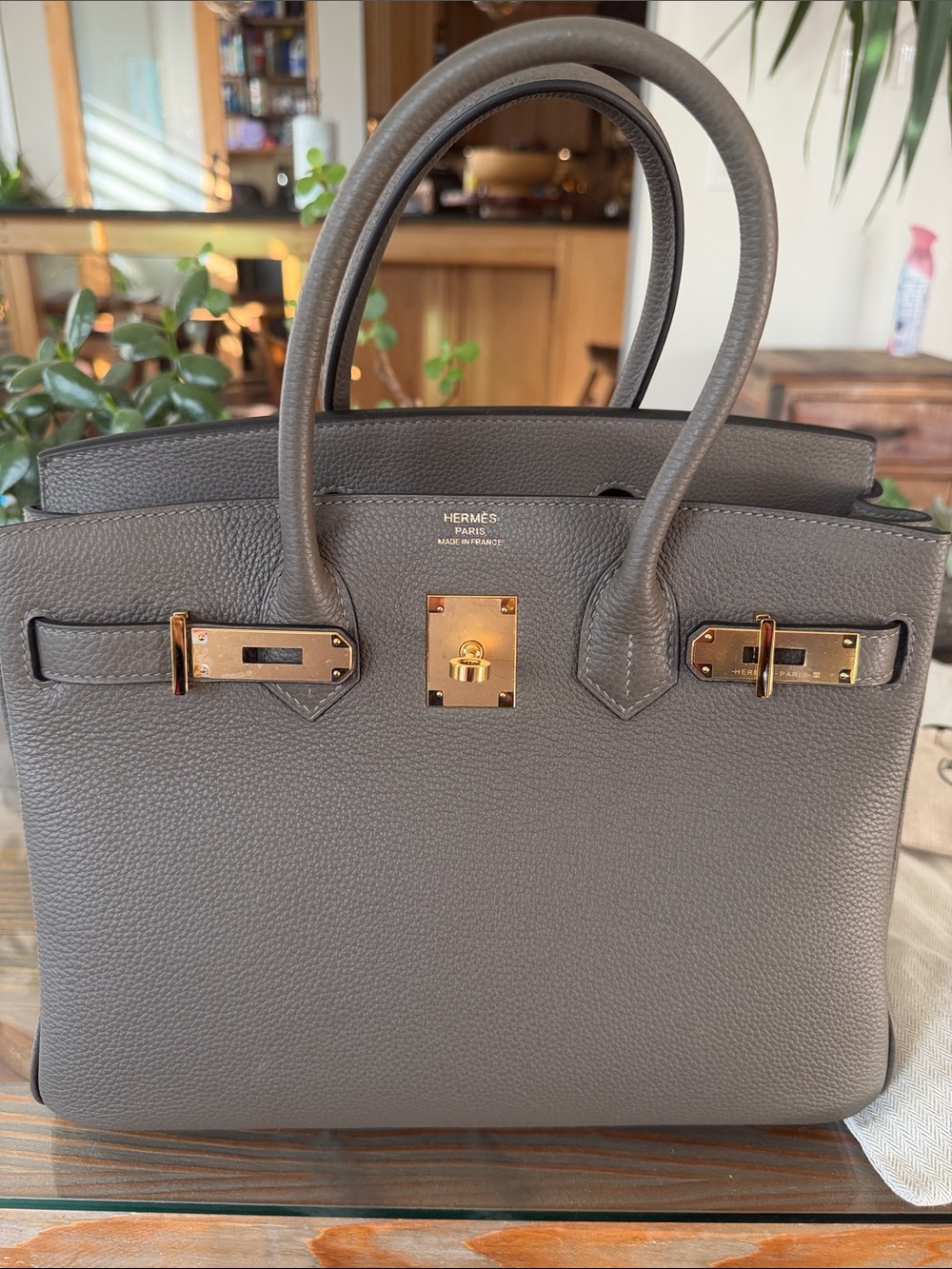 Boutique inspired Bag Gray Leather Top-Handle Satchel with Gold Hardware